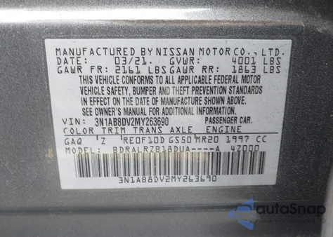 2021 Nissan Sentra Sr Xtronic Cvt z USA, uszkodzony, nr VIN 3N1AB8DV2MY263690
